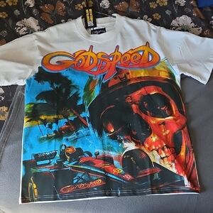 Godspeed Graphic Tee with Skull and Racing Car Design. NWT